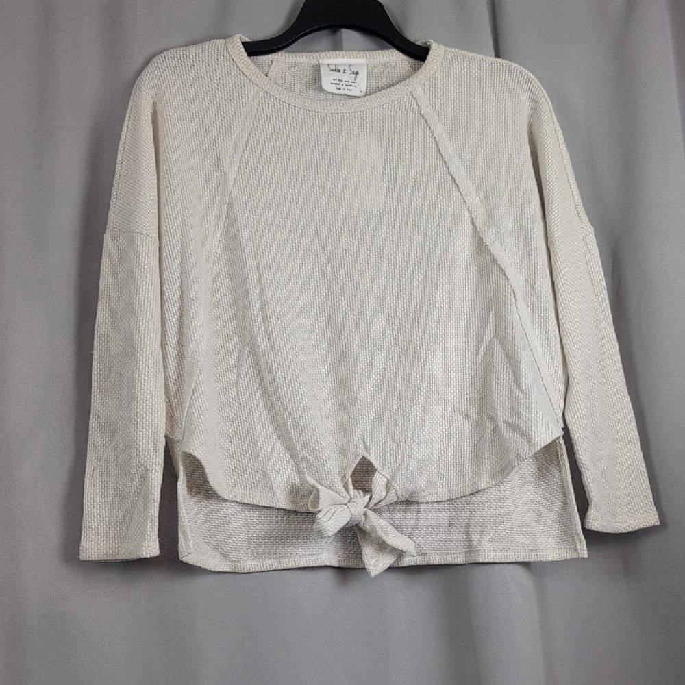 Sadie & Sage Cream Waffle Knit Tie-Front Top Cozy Raglan Long Sleeve Medium New